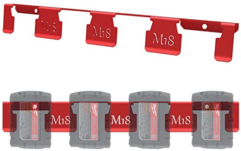 Gijok Batteriehalter für Milwaukee M18, Halterung für 4 Schlitze, Wandhalterung, Batteriespeicher für Arbeitswagen, Regal usw. (Milwaukee 18 V, rot)