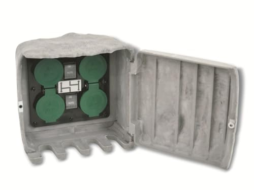 Pepe Gartensteckdose, Steinoptik, IP44, eckig, 4 Fach Steckdose, Dämmerungssensor, grau