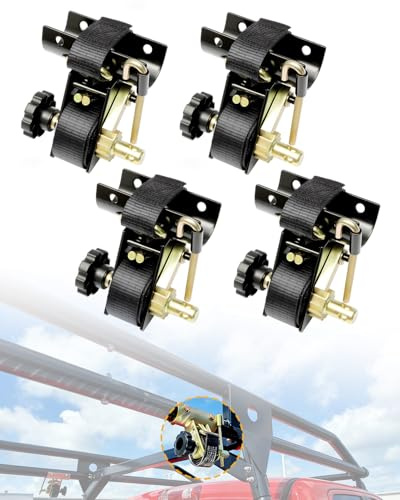 Ladder Rack Ratchet Straps with J-Hook (4PCS), 2 Black Round Tube Mount, 1.5 Wide x 7.5' Long Black Retractable Ratchet Tie Down Strap Roof Rack, 500 lbs Load Heavy Duty Cargo Buckle Rack Lock Strap