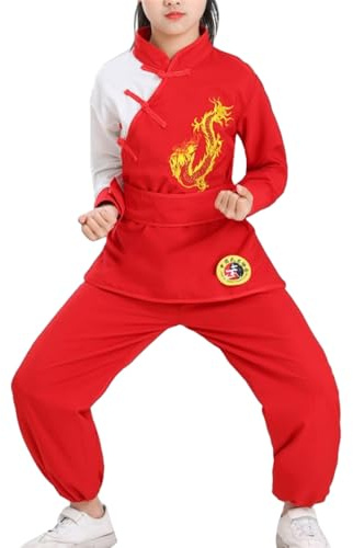 BK FASO Kung Fu Suit for Boys Girls Traditional Outfit Chinese Embroidered Tai Chi Wing Chun Master Martial Arts Sets, Red, 150cm