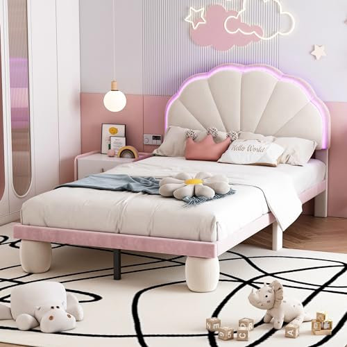 FEZTOY Polsterbett mit mehrfarbigen, wechselnden L-E-D L-ichtstreifen, Kopfteil, mit gepolsterter runden Beine, Kinderbett mit Holzlatten, Einzelbett, Samt, Beige+Rosa, 90x200cm, ohne Matratze