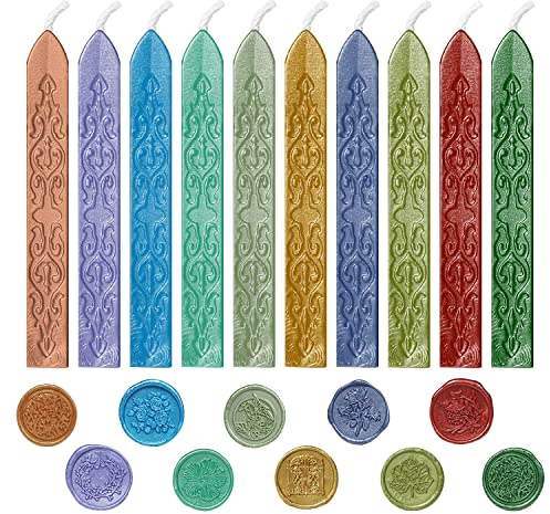 Sealing Wax Sticks, 10 Pcs Coloured Wax Seal Kit for Wax Stamp, Sealing Wax with Wick for Wedding Invitations, Cards Envelopes, Vellum Paper Gift Wrapping
