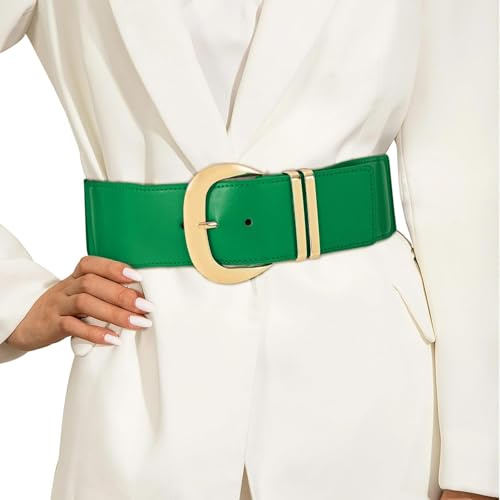 JASGOOD Women Wide Elastic Waist Belt for Dresses Fashion Ladies Stretchy Leather Waistband with Gold Buckle, Green, Fits Waist Size 33-38