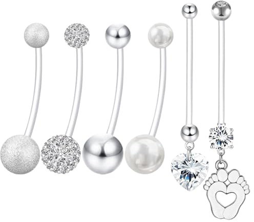 KkvoGmle 6 Stück Bauchnabelpiercing Schwangerschaft, Flexible Acryl Bauchnabel Piercing, 38mm Mutterschaft Nabel Ringe Bauch Stecker für Frauen, Anhänger aus Edelstahl Silbrig