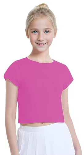 Flickor trendig halvärm bomull magtröja bekväm bomull vardaglig t-shirt för dans, gymnastik och vardagskläder, Rosa, 13 år