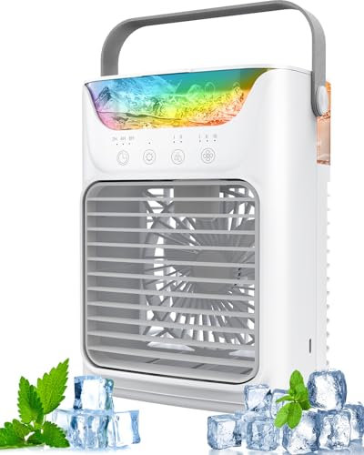 Portable Air Conditioners, Instantly Cooling Air Conditioner Portable with 3 Speeds, 2 Mist Settings, 650 mL, 7 Color Lights, Mini Personal Evaporative Air Cooler for Bedroom, Camping, Car, White