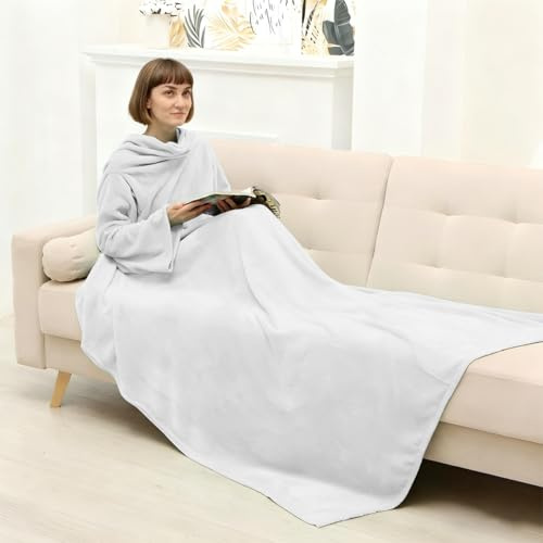Odot Coperta con Maniche Donna Uomo, Tinta unita Coperta da Viaggio con Maniche Lunghe Grande Copertina Invernale Calda Leggero per Le Notti Invernali sul Divano (Bianco,150x200cm)