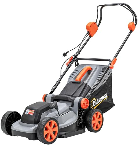 Outsunny Elektro Rasenmäher 1200 W mit 34 cm Schnittbreite 35L Fangkorb Mulchfunktion 6 Schnitthöhen Elektrischer Sichelmäher mit 3-fache Höhenverstellbar abnehmbar Griffe, Mäher für Rasen
