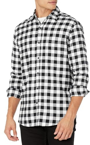Amazon Essentials Men's Regular Fit Long-Sleeve Flannel Shirt, Soft Brushed Cotton, Lightweight yet Warm, Black Buffalo Plaid, X-Small