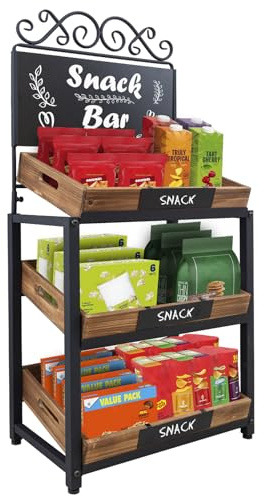MyGift Fruit Stand and Farm Stand with Burnt Wood Trays,Bread Display Shelf, 3-Tier Vintage Metal Design with Chalkboard Signs