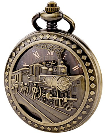 TREEWETO Reloj de bolsillo antiguo para hombre, esqueleto mecánico, caja de bronce hueco 3D, tren de vapor, ferrocarril, números romanos
