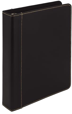 Samsill 1 Junior Size 3 Ring Binder, Leather, Black with Contrast Stitching, Holds 8.5 x 5.5 Paper, 3 Rings, Notebook Binder, Portfolio Organizer, Planner, Journal