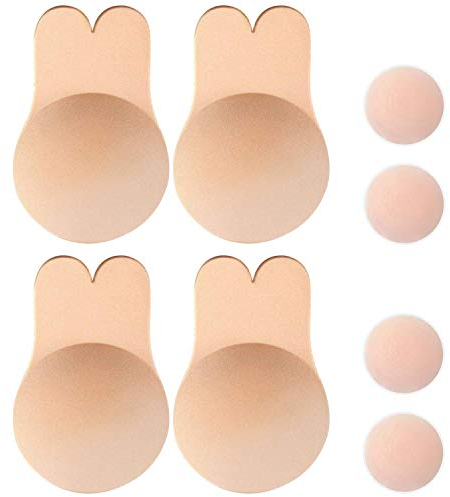 Memoryee Women's Push Up Adhesive Silicone Invisible Rabbit Bra Reusable Lifting Bra Cups Nipple Cover/Beige-2Pair/M(A/B Cup)