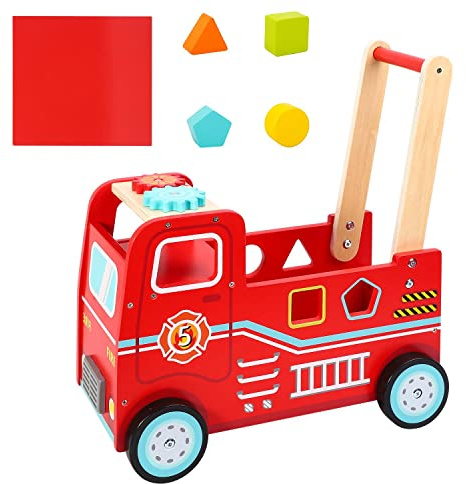 SOKA Wooden Fire Engine Rider and Push Along Toy with Shape Blocks Baby Toddler First Step Activity Walker Push & Pull Walking Wagon Gift for Kids Children Boys Ages 1 year old +