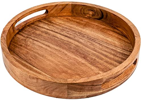 Samhita Rundes Serviertablett aus Akazienholz mit Griffen zum Servieren von Getränken, Teeteller, Dessert, Abendessen, Frühstücksteller (30,48 x 30,48 x 4,06 cm)