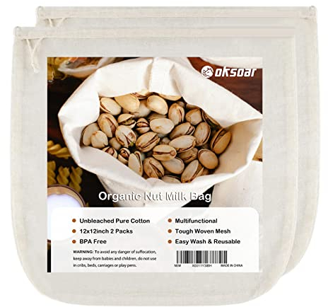 Sacchetti per latte di noci per setacciare, riutilizzabili (confezione da 2), salviette biologiche, colino per latte di noci, 100% non sbiancato, in puro cotone naturale, filtro per sacchetti di noci
