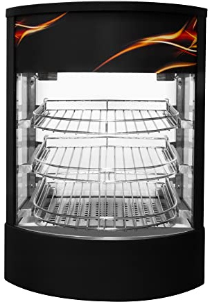 Speisenwärmer Heißtheke Warmhaltetheke Gewerblicher Glas warme Pizza Kuchen Vitrine schwarzer Stahl elektrisch 30-85°C Temperaturkontrollschalter Innenbeleuchtung 3-stufiges Drahtregal GRATIS Zange