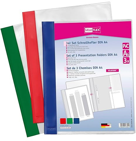 VELOFLEX 4741003 - Dossier rapide VELOFORM, 3 pièces, DIN A4, PVC, couverture avant transparente, convient pour les pochettes à prospectus, vert rouge bleu