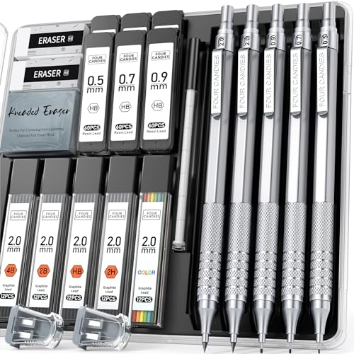 Four Candies Metall-Druckbleistift-Set, 3 Stück Kunst-Minenbleistifte 0,5, 0,7, 0,9 mm & 2 Stück 2 mm Bleistifte mit 420 Stück Minen (4B, 2B, HB, 2H Farben) zum Schreiben und Zeichnen (Silber)