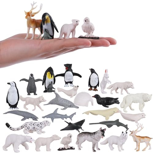 JOKFEICE Pequeñas figuras de animales polares, 26 piezas realistas de pingüino oso polar sello animales de invierno para educación temprana cumpleaños cupcake topper regalo para niños