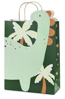 Dinosaur Gift Bag with Handle 24 x 37 x 10 cm - Paper Bags for Filling for Guest Gifts and Party Bags - Party Bags Children's Birthday Dino Theme Party - Green