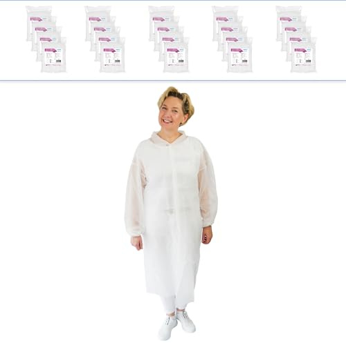 100x ARNOMED Camice protettivo PP bianco, camici monouso L- 138x110cm, camice medico con 4 bottoni a pressione, camice monouso usa e getta 23g/m², camice tessuto non tessuto per alimenti e visitatori