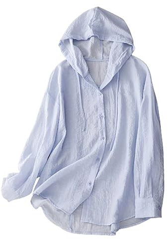 Women's Linen Hoodie Sale Clearance, Casual Long Sleeve Blouse V Neck Shirts Button Down Hoodies Sweatshirts Drawstring Hooded Pullover Solid Color Tunic Tops Office Work Loose Shirts Blouses