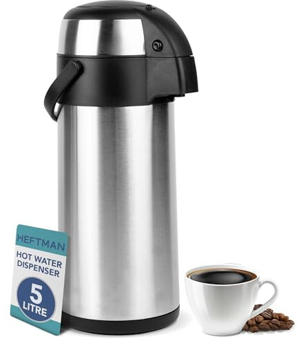 HEFTMAN Thermal Coffee Carafe - 5L Stainless Steel Airpot Pump Action Double-Walled Insulation, Leak Proof Coffee & Tea Carafe with 360° Rotating Base, Carry Handle, Safety Lock, Removable Lid (5L)