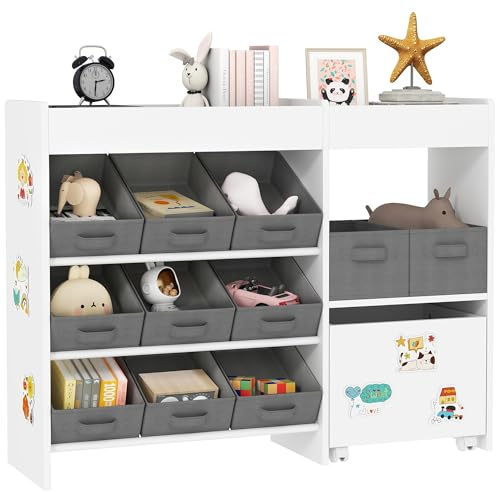 AIYAPLAY Kids Toy Storage Unit, Children Toy Box Organiser with 11 Fabric Bins, Cabinet, Top Shelves, 3 Stickers, Kids Storage Unit Bookshelf for Nursery, Playroom, Kindergarten, White