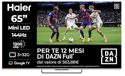 Haier Smart TV 65 Mini LED 4K Ultra HD, Google TV, Dolby Audio, Gaming 144Hz, HDMI 2.1, Chromecast Integrato, Bluetooth 5.1, Design Senza Bordi, Telecomando Vocale, 12 Mesi Abbonamento DAZN inclusi