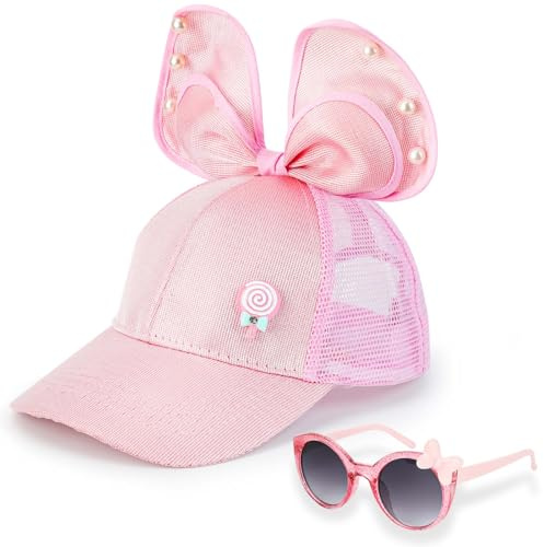 Barn Basecap solglasögon för flickor, tecknad basebollkeps med 3D-kaninöron, musöron, stor rosett justerbar snapback-keps sommar basebollkeps med andningsbar mesh solhatt flickor