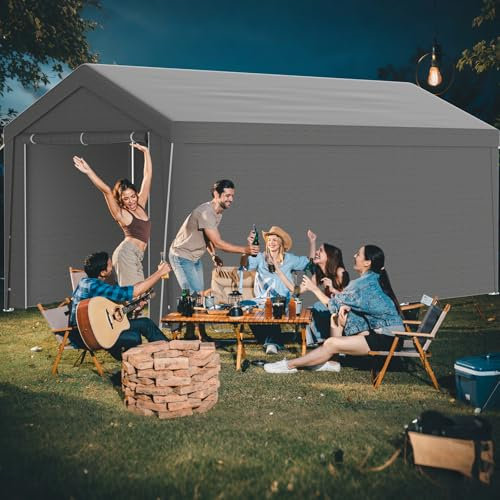 Kidsgigglz Carport Auto 3x6 m, Tonnelle et Grande Tente de Garage avec Portes, pour Les Voitures, SUV, camions, chargements ou événements extérieurs, entrepôt ou abri de pâturage (Gris)