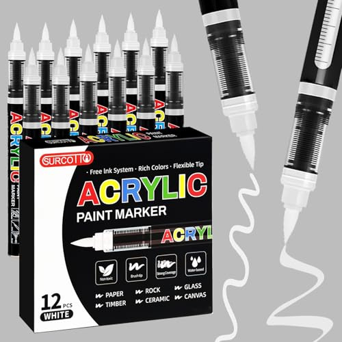 Surcotto 12 bolígrafos de pintura acrílica blanca, marcadores de pintura para niños y adultos, bolígrafos acrílicos para rocas, madera, vidrio, tela y papel, zapatos, tazas
