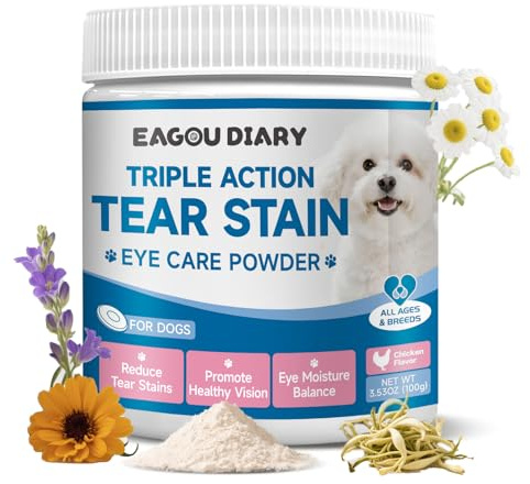 Rimuovi macchie lacrimali per cani - Integratore per macchie lacrimali dei cani, per la salute degli occhi e la cura del pelo bianco, con Luteina, Camomilla, Vitamine, Miscela di Probiotici, 100g