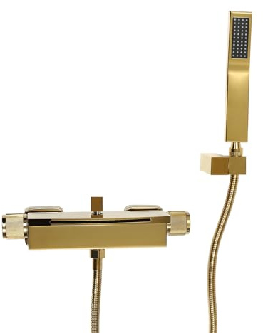 Grifo para bañera, cascada, grifo de pared, juego de grifo doble, manguera de acero inoxidable 304, dorado, ducha de mano, adecuado para aguas, hoteles, pensiones,