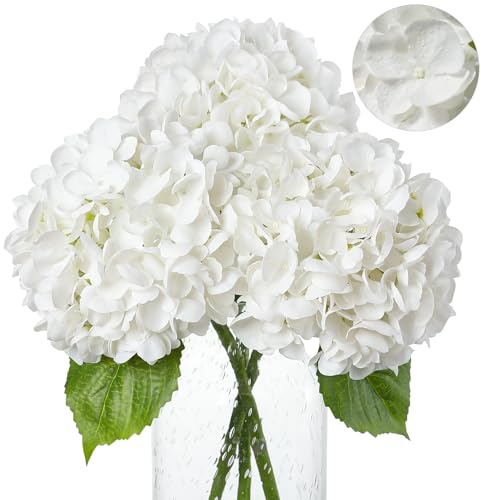 Veryhome White Hydrangea Artificial Flowers - 3Pcs 22.44In Large Faux Hydrangea Flowers, Latex Real Touch Flowers Fake Hydrangeas for Home Decor Wedding Party Centerpieces Floral Arrangements