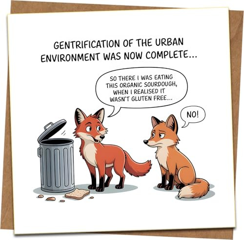 Funny Fox Cartoon Greeting Card – Gentrification Sourdough Gluten-Free Joke – 145mm x 145mm Square Card with Kraft Envelope