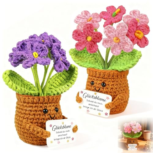 Gicctyble 2 Flores de la Suerte Tejidas a Mano – Regalo para Mujer, Amiga, Mamá – Rosa & Morado – Navidad, Cumpleaños, Amistad