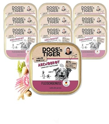 Dogs'n Tiger Bol de nourriture humide pour chien adulte, agneau avec panais, 67 % de viande, sans céréales, sans sucre ajouté et conservateurs artificiels, monoprotéine – 10 × 150 g