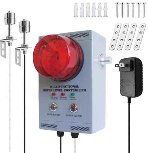 Professional Water Level Alarm, High/Low Liquid Detector with Dual Probes, 120dB Adjustable Audible/Visual Alarm, 33FT Cable, All-Metal, Industrial Water Overflow for Tanks/Sump Pool/Ship Holds/Well