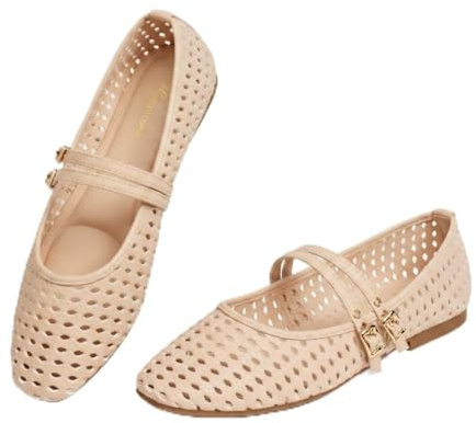 hingswink Double Straps Woven Mary Jane Flats Women,Beige7.5
