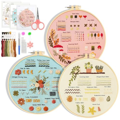 EEEKit 3PCS Sticken Set für Anfänger, Kreuzstich Stickerei Starter Set mit 28 Stichen Lernanleitung und Garne, Nadeln und Stickrahmen für Erwachsene