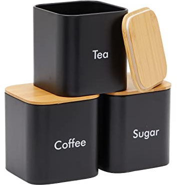 Juvale Coffee Tea Sugar Container Set - Black Iron Square, 3 Pack, 48 oz Each - Coffee Bean Storage & Sugar Storage - Countertop Kitchen Canisters with Tight Seal Lids