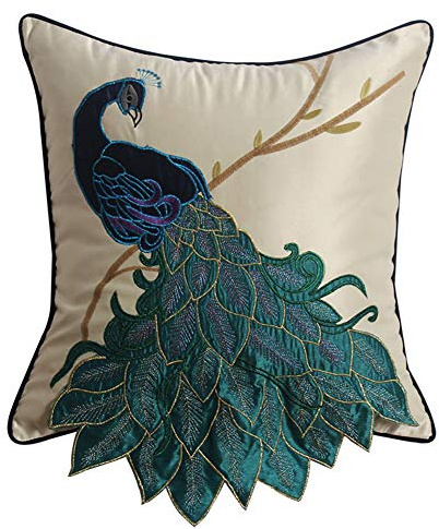 vctops Embroidered Peacock Decorative Throw Pillow Case Silky Satin Cushion Cover Peacock 1 18X18