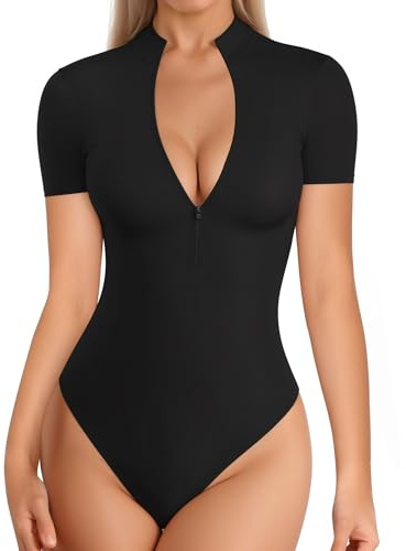 MANGOPOP Sleeve Body Suits Women Mock Turtle Neck Zip Up Bodysuit for Women Ribbed Deep V Sexy Bodysuit Shirts, Black, Medium
