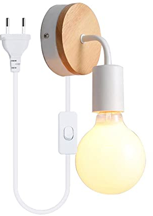 Wandleuchte Industrial Modern, Schwarze Wandlampe, Wandlampe aus Massivholz, Retro-Wandlampe, Schmiedeeiserne Retro-Wandleuchte, mit Stecker Schalter E27 Schlafzimmer Wohnzimmer Korridor (Weiß)