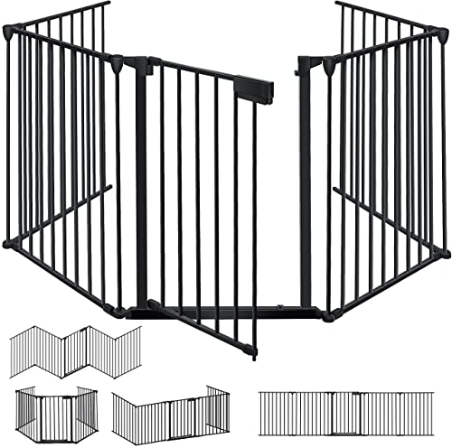 KESSER® Kaminschutzgitter mit Tür 540 cm Metall Ofenschutzgitter Laufgitter Laufstall Absperrgitter Tierschutzgitter Türschutzgitter für Kinder-Sicherung, 9-teilig Elemente (je 60 x 75 cm) Schwarz