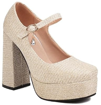 Microfibra moda hebilla cuadrada correa mujer zapatos tacón bloque Super High Heel cómodo fiesta de noche zapatos para mujeres Z985-6T, dorado, 36 EU