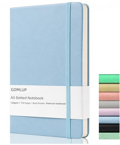 GDMLUP Bullet Journal Dotted - Quaderno Puntinato Formato A5, 120gsm Carta, 172 Pagine, Dotted Journal in Pelle Vegana, Hardcover, Tasca Posteriore, 2 Nastri di Marca, Celeste