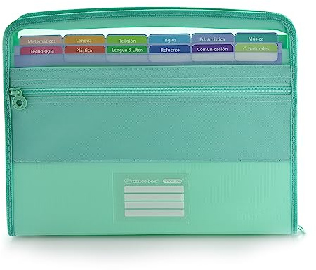 Carpeta Clasificadora VISION con 12 Divisiones y estuche frontal + 80 Adhesivos Cierre de Cremallera, Laterales Reforzados - Colorline by office box (Turquesa)